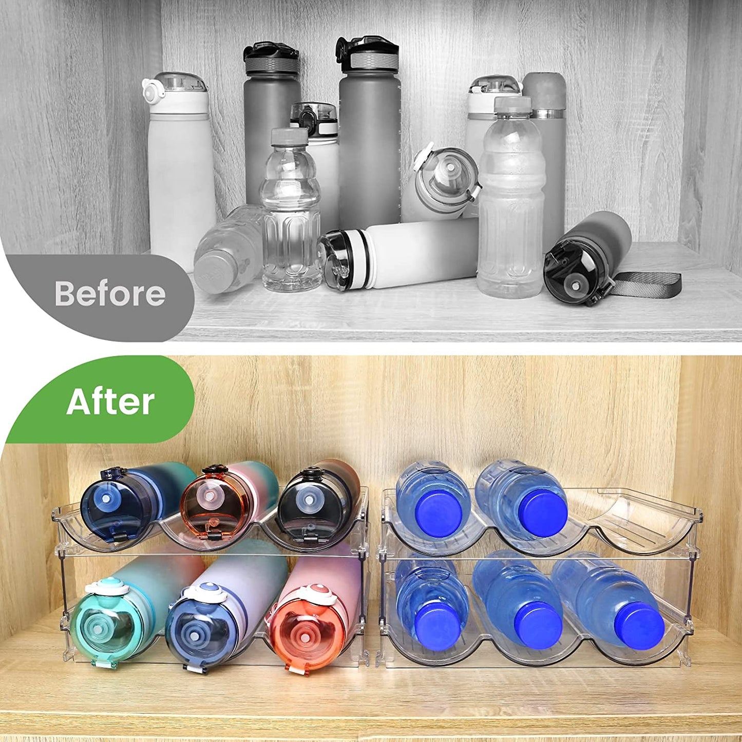 Water Bottle Organizer for Cabinet, Water Bottle Storage Organizer, 2 Packs Water Bottle Storage Rack, Water Bottle Holder for Cabinet, Stackable Water Bottle Storage Rack - Roots & Wings Home Goods