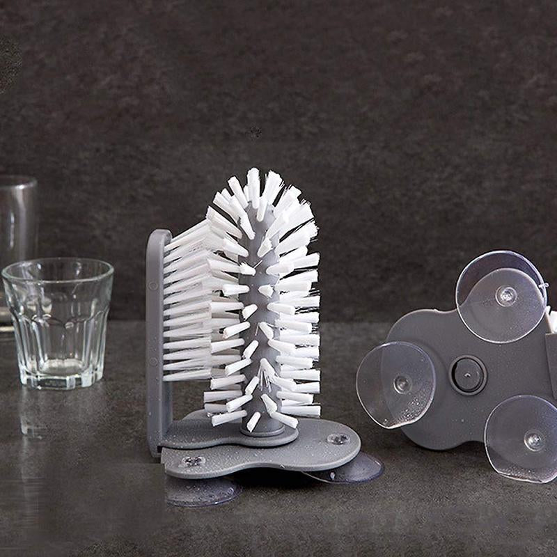 Water Bottle Cleaning Brush Glass Cup Washer with Suction Base Bristle Brush for Beer Cup, Long Leg Cup, Red Wine Glass and More Bar Kitchen Sink Home Tools Grey - Roots & Wings Home Goods