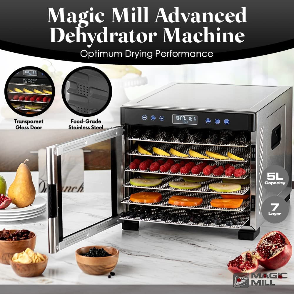 Pro Food Dehydrator Machine | 7 XL Stainless Steel Trays | Dryer for Jerky, Dog Treats, Herb, Meat, Beef, Fruit | Keep Warm Function, Digital Timer and Temperature Control, ETL Approved - Roots & Wings Home Goods