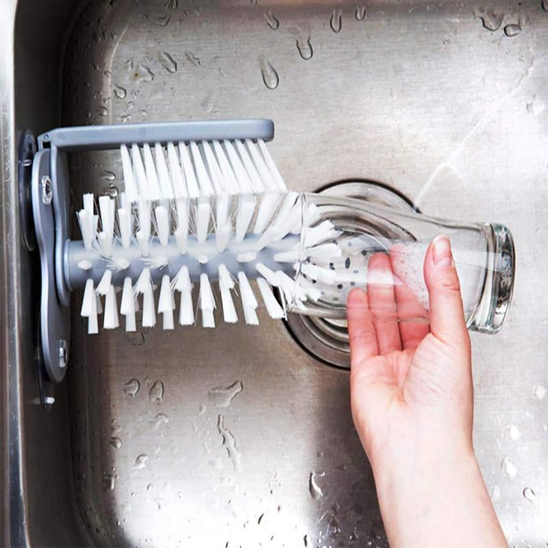 Water Bottle Cleaning Brush Glass Cup Washer with Suction Base Bristle Brush for Beer Cup, Long Leg Cup, Red Wine Glass and More Bar Kitchen Sink Home Tools Grey - Roots & Wings Home Goods