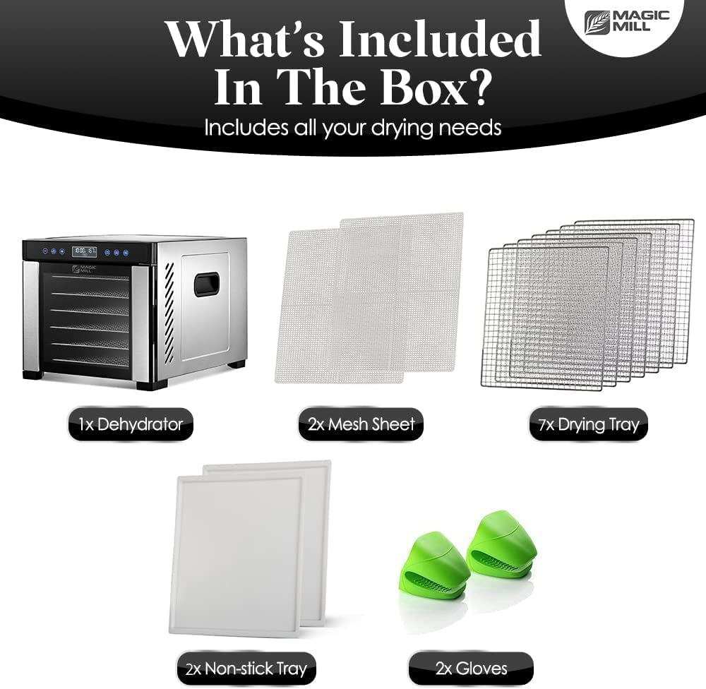 Pro Food Dehydrator Machine | 7 XL Stainless Steel Trays | Dryer for Jerky, Dog Treats, Herb, Meat, Beef, Fruit | Keep Warm Function, Digital Timer and Temperature Control, ETL Approved - Roots & Wings Home Goods