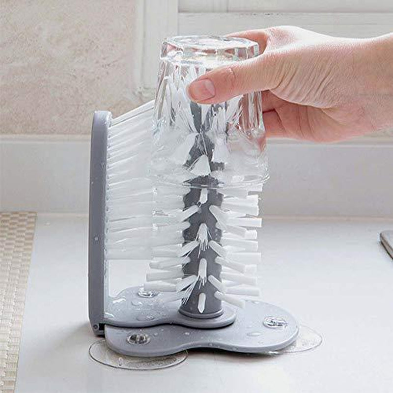 Water Bottle Cleaning Brush Glass Cup Washer with Suction Base Bristle Brush for Beer Cup, Long Leg Cup, Red Wine Glass and More Bar Kitchen Sink Home Tools Grey - Roots & Wings Home Goods