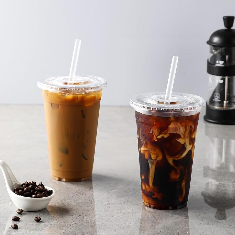[100 Sets] 16 Oz Clear Plastic Cups with Lids and Straws, Disposable Cups with Lids for Iced Coffee, Smoothie, Milkshake and Cold Drinks - Roots & Wings Home Goods