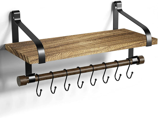 Floating Shelf Wall Shelf for Storage Rustic Wood Kitchen Spice Rack with Towel Bar and 8 Removable Hooks for Organize Cooking Utensils or Mugs Carbonized Black - Roots & Wings Home Goods