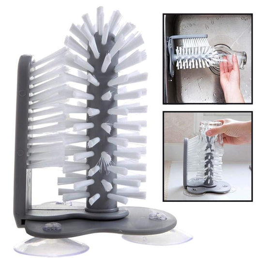 Water Bottle Cleaning Brush Glass Cup Washer with Suction Base Bristle Brush for Beer Cup, Long Leg Cup, Red Wine Glass and More Bar Kitchen Sink Home Tools Grey - Roots & Wings Home Goods