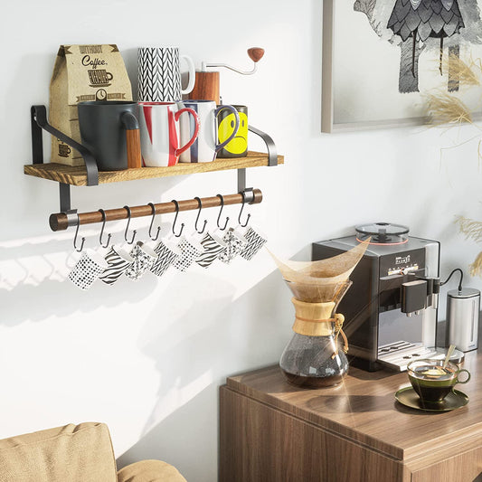 Floating Shelf Wall Shelf for Storage Rustic Wood Kitchen Spice Rack with Towel Bar and 8 Removable Hooks for Organize Cooking Utensils or Mugs Carbonized Black - Roots & Wings Home Goods