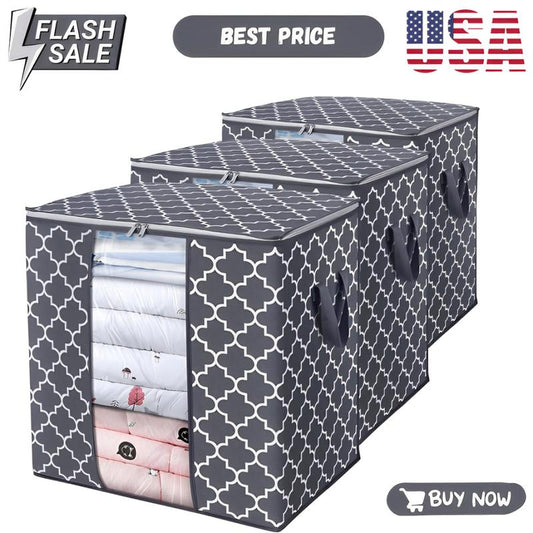 WISELIFE Storage Bags [3 Pack/100L] Large Blanket Clothes Organization and Storage Containers for Comforters,Bedding, Foldable Organizer with Reinforced Handle, Clear Window, Sturdy Zippers,Gray - Roots & Wings Home Goods