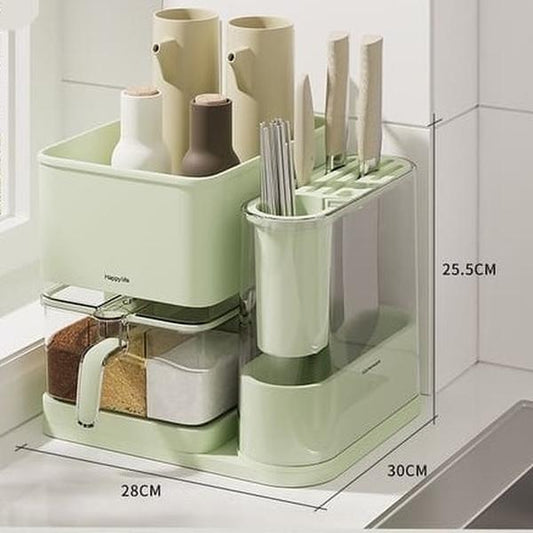 #3In1 Spice Organizer Rack,Kitchen Utensils Storage Holder with Drain Tray, Seasoning Countertop Storage Shelf Holder, Multi-Function Rack for Knife, Fork, Chopsticks,Green Cabinet Plastic - Roots & Wings Home Goods