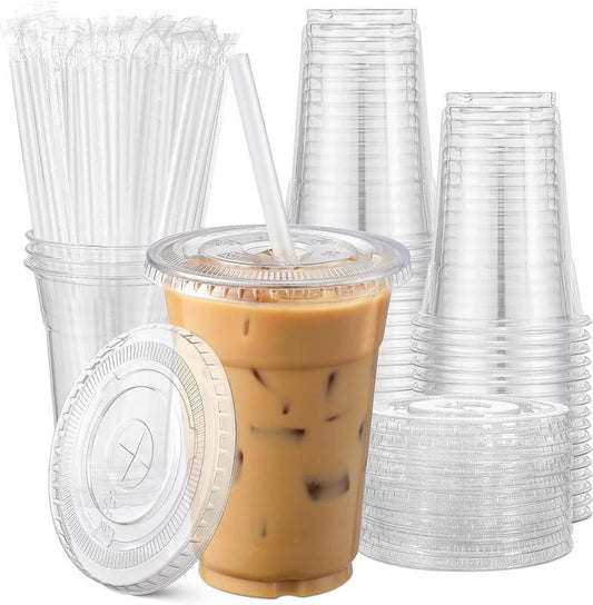 [100 Sets] 16 Oz Clear Plastic Cups with Lids and Straws, Disposable Cups with Lids for Iced Coffee, Smoothie, Milkshake and Cold Drinks - Roots & Wings Home Goods