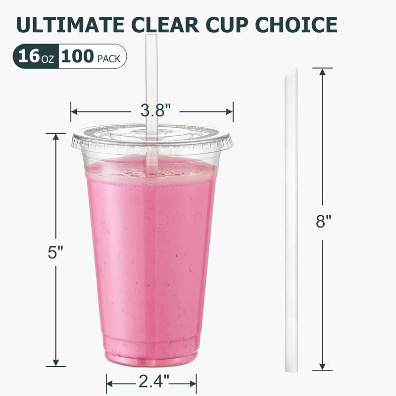 [100 Sets] 16 Oz Clear Plastic Cups with Lids and Straws, Disposable Cups with Lids for Iced Coffee, Smoothie, Milkshake and Cold Drinks - Roots & Wings Home Goods