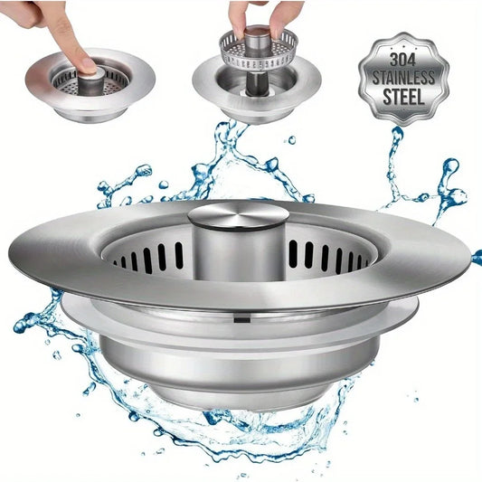 3-In-1 Stainless Steel Kitchen Sink Strainer - Pop-Up Stopper with Anti-Clogging Basket and Odor Filter, Easy Clean Drain Strain - Roots & Wings Home Goods