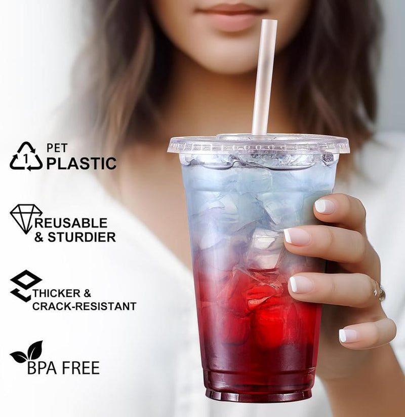 [100 Sets] 16 Oz Clear Plastic Cups with Lids and Straws, Disposable Cups with Lids for Iced Coffee, Smoothie, Milkshake and Cold Drinks - Roots & Wings Home Goods