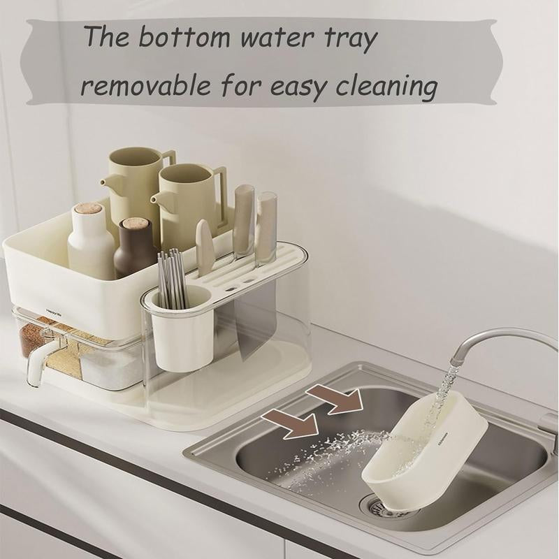 #3In1 Spice Organizer Rack,Kitchen Utensils Storage Holder with Drain Tray, Seasoning Countertop Storage Shelf Holder, Multi-Function Rack for Knife, Fork, Chopsticks,Green Cabinet Plastic - Roots & Wings Home Goods